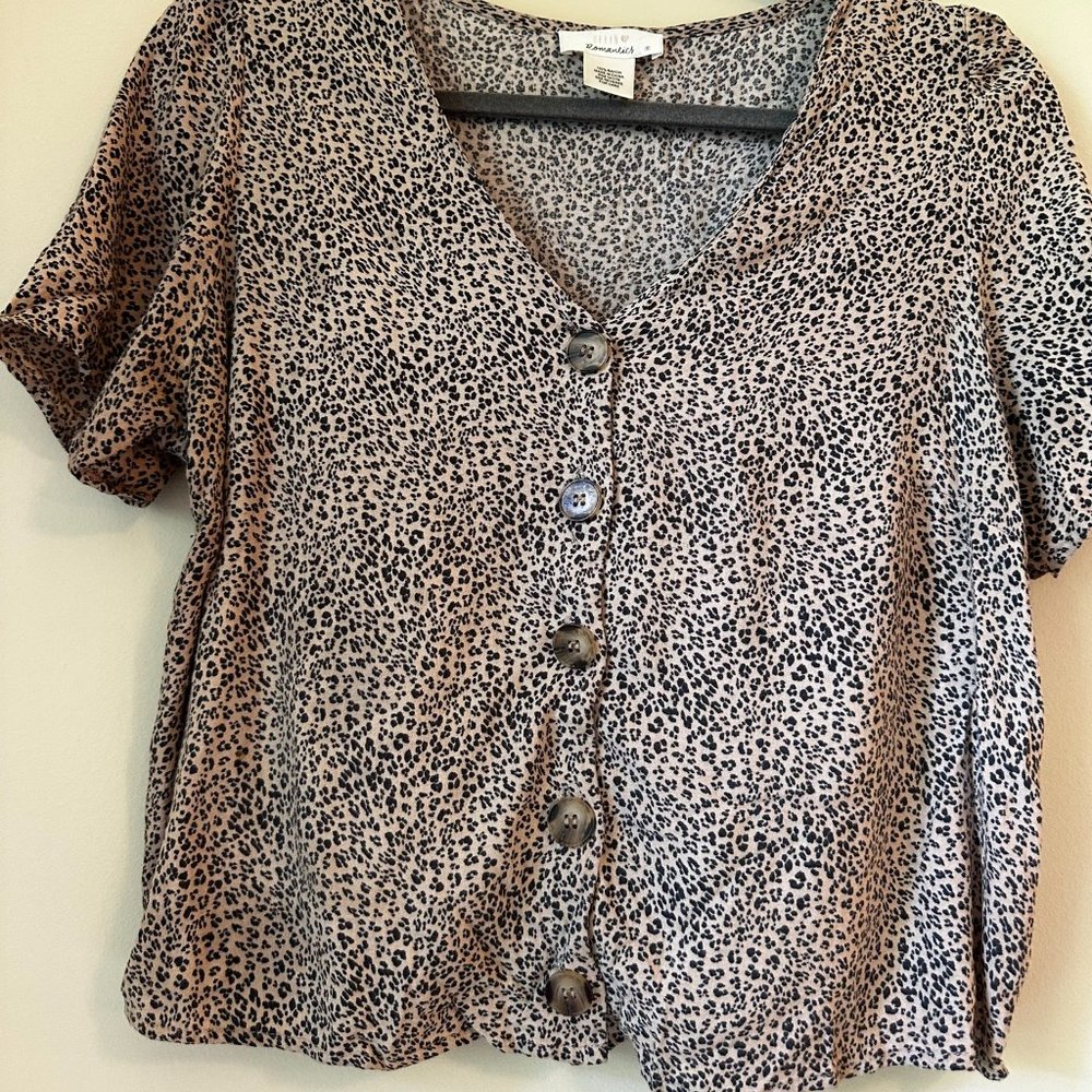 Leopard Button Up Blouse Women's Plunge Neck Top